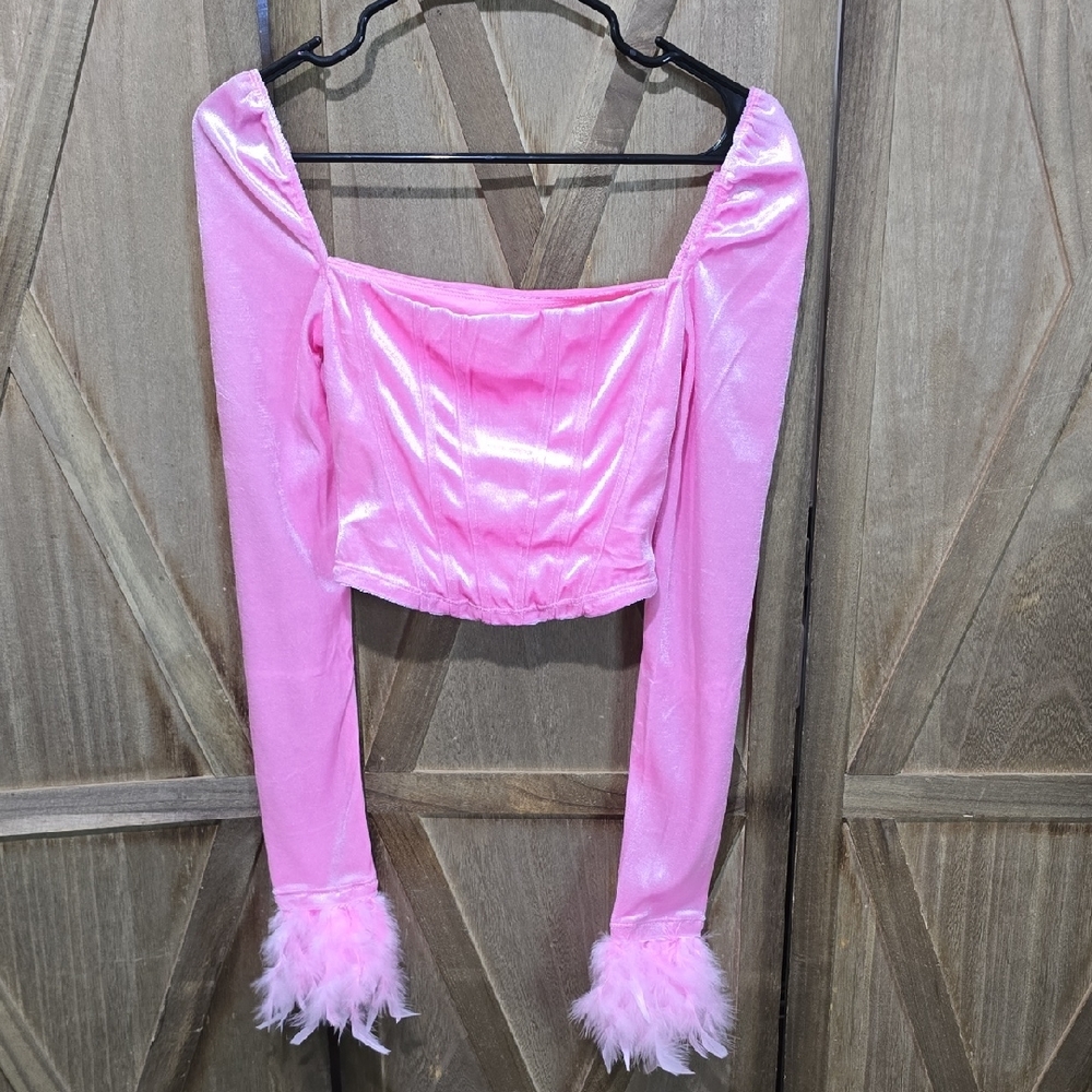 NWT Sugar Thrillz Pink Corset Stype Crop Top Feathered Sleeve Cuffs Size XXS